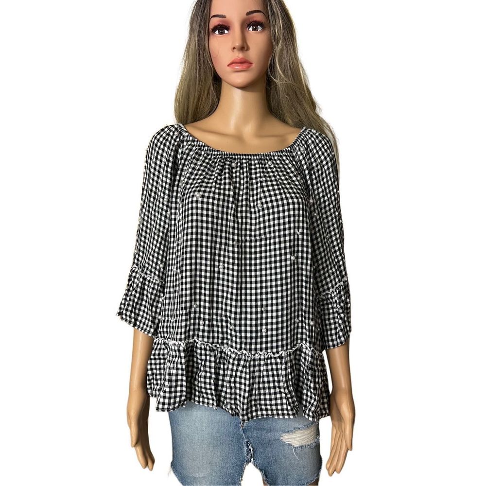 Fever 3/4 Sleeve Gingham Peplum Top L - Picture 3 of 4